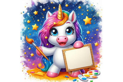 4 Cartoon Unicorn is holding a pla