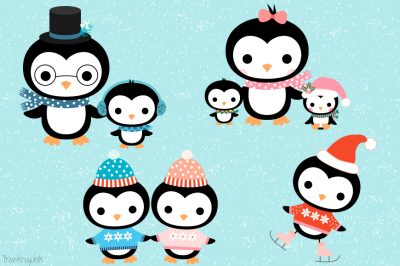 Cute penguin family clipart set, Christmas penguins, Winter penguin characters clipart