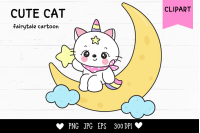 Cat unicorn on moon kawaii kitten good night animal sleep