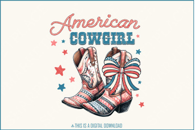 American Cowgirl PNG, 4th of July Coquette, Retro America Designs, Western &amp; Cowboy Styles, Cowgirl Boots, Patriotic Sublimation