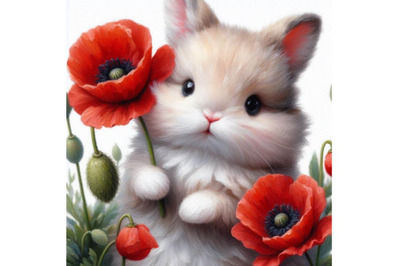 4 Cute Bunny Holding a Red Poppy