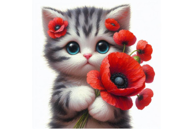 4 Cute Cat Holding a Red Poppy