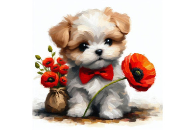 4 Cute Dog Holding a Red Poppy