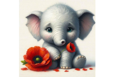 4 Cute Elephant Holding a Red Poppy