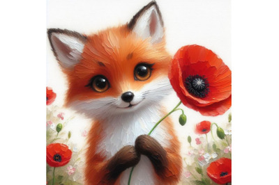 4 Cute Fox Holding a Red Poppy