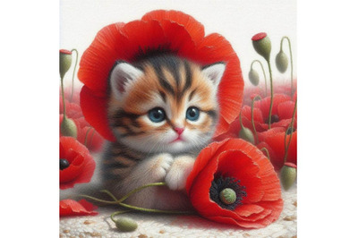 4 Cute kitten Holding a Red Poppy