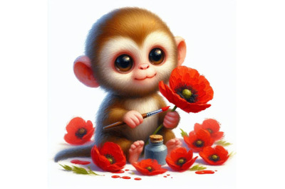 4 Cute Monkey Holding a Red Poppy