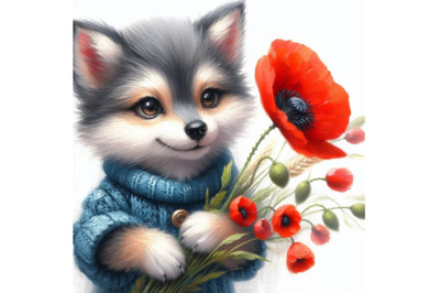 4 Cute Wolf Holding a Red Poppy