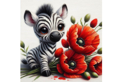 4 Cute Zebra Holding a Red Poppy