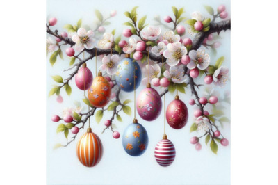 4 Easter eggs hanging on plum branc