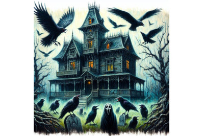 4 Haunted House with Crows and H