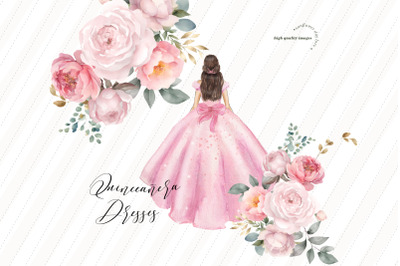 Pink Princess Dresses Quinceaera Clipart&2C;  Pink Flowers