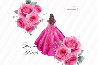 Fuchsia Pink Princess Dresses Quinceaera&2C; Pink Flowers Clipart