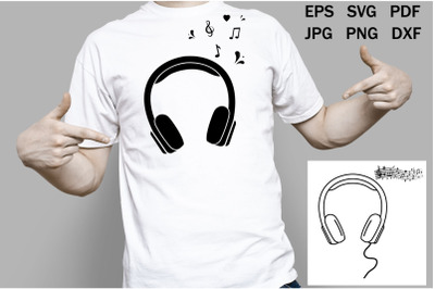 Headphones with music, svg format, file cutting, stencil