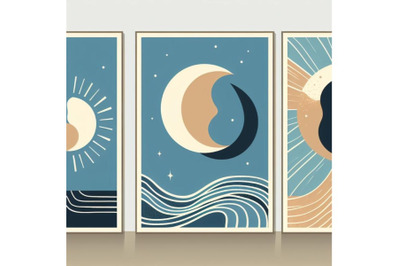 4 Abstract sun moon poster set. Contemporary