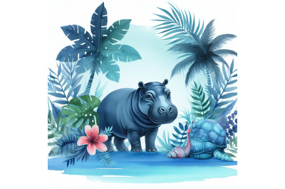 A bundle of pical summer watercolor hippo