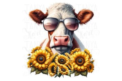 Sunflower Cow Sublimation Design, Farm Animals PNG