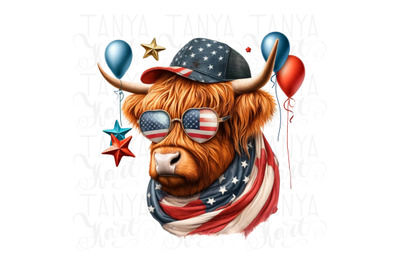 Patriotic Highland Cow Sublimation Design | Independence Day