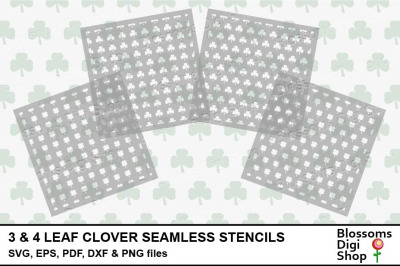 3 &amp; 4 Leaf Clovers Seamless Stencils, SVG, EPS, PDF, DXF &amp; PNG files