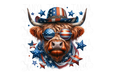 Highland Cow with Sunglasses, Memorial Day Freedom PNG