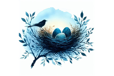 watercolor art bird nest with