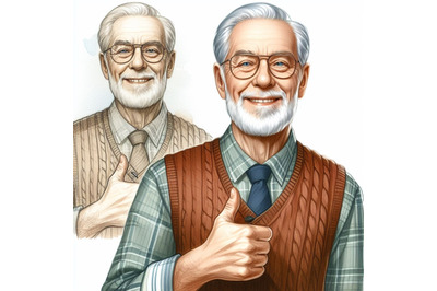 A bundle of an old man posing with a thumbs up a