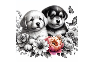 A bundle of wo puppies and beautiful flowers