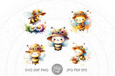 Honey bee clipart, flower hat, watercolor clipart, Cute Bee Clipart