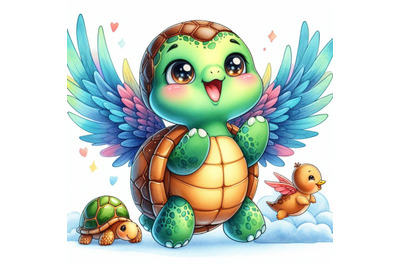 A bundle of cute cartoon turtle with wings ready t