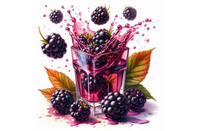 A bundle of 02 Fresh blackberries fall into a glass wit