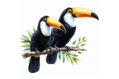 A bundle of Two toucan birds perched on a branch