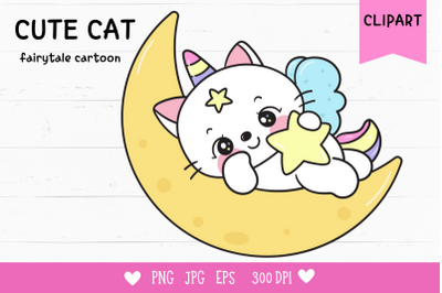 Cat unicorn sleep on moon kawaii clipart baby animals kitten