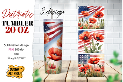 Patriotic tumbler. American flag and poppy flowers 3 design