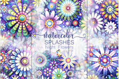 Night Flower Splashes - Watercolor Daisy Textures