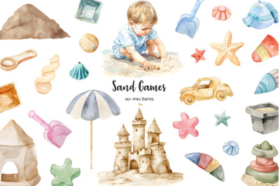 Watercolor sand games clipart. Playing in the sand clipart. Sandcastle