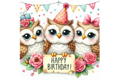 A bundle of 4 a cute three owls happy birthday