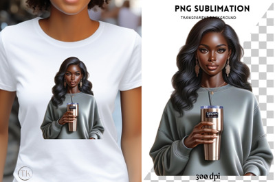 Melanin Woman with Tumbler&2C; Black Girl Png Sublimation Design