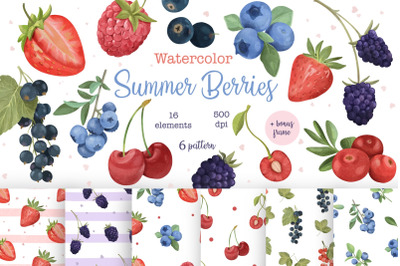 Watercolor Summer Berries Clipart, Berry Seamless Pattern, Juicy Fresh