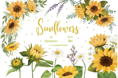 Sunflower PNG Clipart, Watercolor Floral Clipart Bouquet