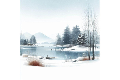 A bundle of Minimalist winter lakeside landsc