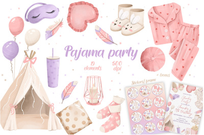 Pajama Party Clipart, Slumber Party PNG, Pajama Birthday Invitation