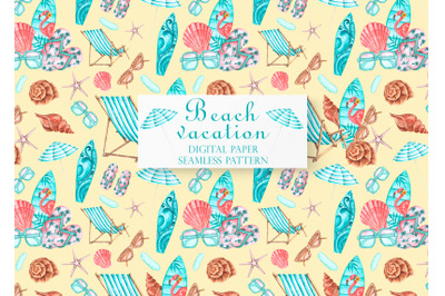 Beach watercolor seamless pattern. Sea holidays. Travel. Summer vacation.