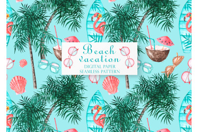 South sea watercolor seamless pattern. Vacation, summer, palm trees.