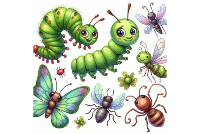 A bundle of Cute cartoon insects. Funny cate