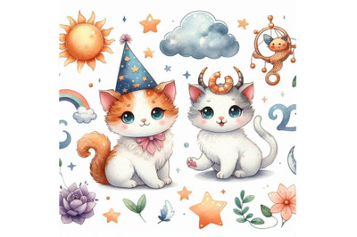 A bundle of Vector cute cartoon zodiac cat