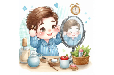 A bundle of Happy cute kid boy use mirror in