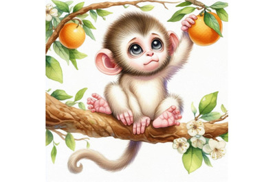 A bundle of Cute baby monkey hanging on tr