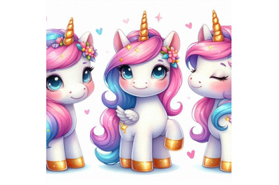 A bundle of Cute Cartoon Unicorns isolated o