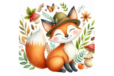 A bundle of Cute watercolor cartoon fox. fore