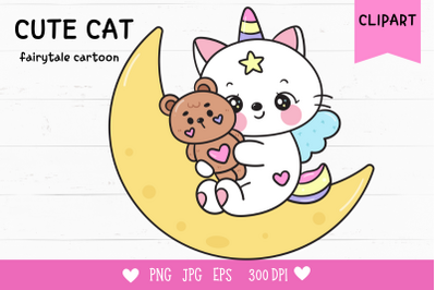 Cat unicorn hug teddy bear on moon kawaii cliparts baby